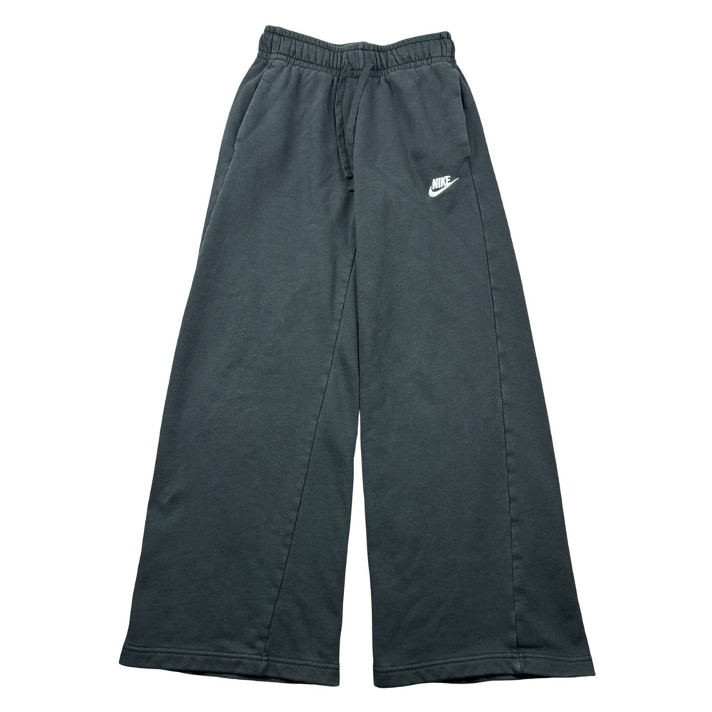 Nike Women XS Sportswear Wide Leg Fleece Sweatpants Black Drawstring Baggy Loose